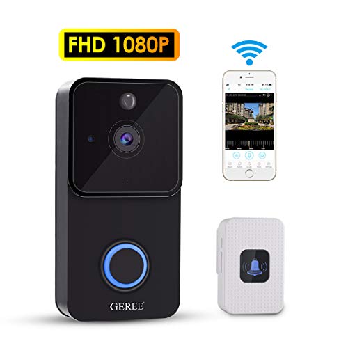 Video Doorbell, GEREE 1080P HD Wireless Smart Doorbell Security Camera with Indoor Chime 16G Card 2 Battery,Two-Way Talk & Video, Night Vision,166°Wide Angle,PIR Motion Detection for iOS & Android