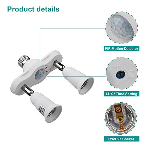 8T8 Adjustable Motion Sensor Socket Adapter Converter Infrared Motion Detector Socket Lamp Holder, E26 Light Socket Adapter Base with 360 Degree Bendable for Storage Room/Basement (Manual Sensor_2)