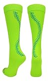 MadSportsStuff Softball Socks with Stitches Over the Calf (Neon Green/Electric Blue, Large)