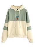 SweatyRocks Women's Long Sleeve Color Block Cactus Embroidered Pullover Hoodies Beige_Green L