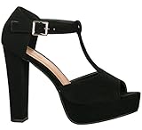 Top Moda Table-1 Women's peep toe platform chunky heel closed back buckle T-strap nubuck pumps