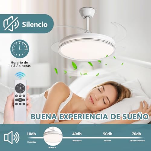 Megaluz F2016-42 Ventilador de Techo Retráctiles de 42 Pulgadas Abanico de Techo con Luz LED, 3000K-6500K Luz Amarilla Cálida a Luz Blanca Fría, Control Remoto y App, 6 Velocidades