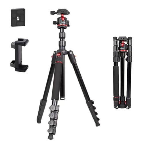 Tripé para câmera de 2 metros, equipado com cabeça esférica de 360°, com capacidade para 5 kg, inclui suporte para celular; tripé leve para viagens e atividades ao ar livre