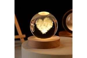 Coyoohouse Glowing Crystal Ball 3D Inner Carved Small Crystal Ball Light with Wood Base, Decorative Creative Gift Luminous Crystal Ball for Christmas Classmates and Kids Birthday (Heart)