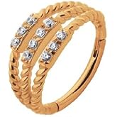 Pierced Owl - 16GA Triple Stacked Twisted Ropes with Centered CZs 316L Surgical Stainless Steel Sid Facing Hinged Segment Clicker Ring