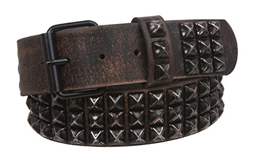 Snap On Oil Tanned Three Row Punk Rock Star Distressed Black Studded Full Grain Cowhide Leather Belt, Black | 36