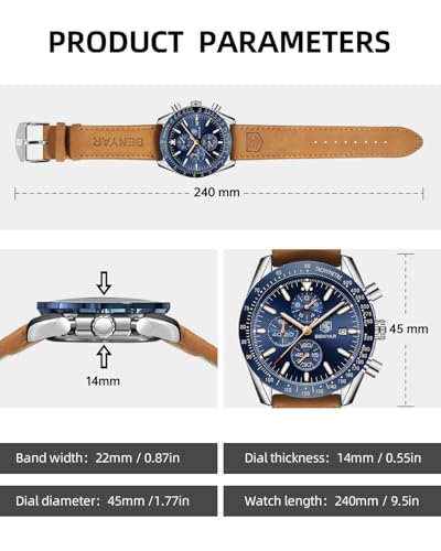 BENYAR - reloj hombres con movimiento de cuarzo, 30 m, resistente al agua, correa de cuero, cronógrafo, reloj analógico, reloj de negocios, resistente a los arañazos