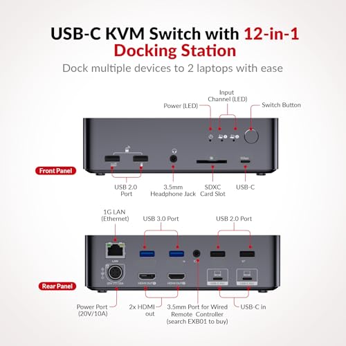AV Access Docking Station KVM Switch 2 Monitors 2 Laptops, 4K KVM Dual Monitor, 2 USB C MST Ports, 60W PD for Each PC, 1G Ethernet, EDID Emulation, 2K @ 144Hz, 1080P@240Hz, Ideal for Home Office & Gaming