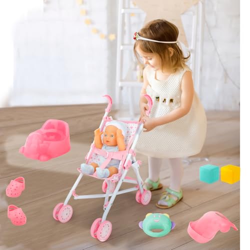 DeAO 17pcs Baby Stroller Toys with 33 cm Dolls Bag 2 Clothes for Dolls | Dolls Trolley with Quiet Wheels, Lightweight and Stable, Role Play for Children with Feeding and Baby Bottles for Dolls