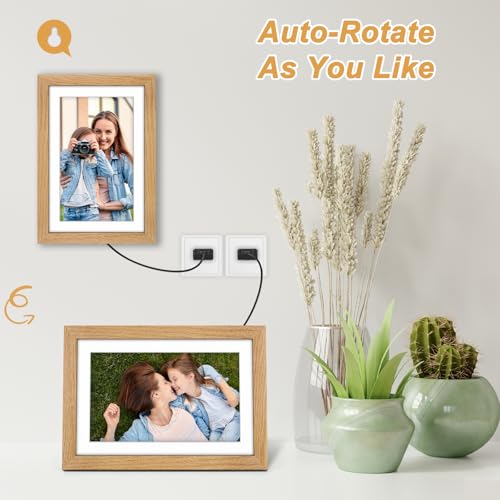Digital Photo Frame WiFi Oak Wood Frame, Frameo Digital Picture Frame 10.1 Inch, 32GB Memory, 1280 * 800 HD IPS Touchscreen, Auto-Rotate, Share Photos Videos via Frameo APP, Gifts for Women/Men