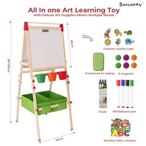 Beauenty Kids Art Easel, Double-Sided Whiteboard & Chalkboard, Wooden Standing Easel with Storage Bins, Includes Magnets, Chalk, Markers, Stickers, 68-120cm Height (Style 1)