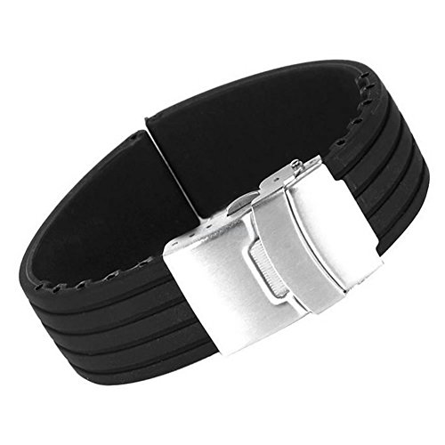 SCASTOE 18-24mm Waterproof Silicone Rubber Wrist Watch Strap Band Deployment Buckle Chic (Black, 18)