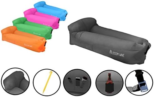 Blossom Inflatable Hangout Lounger - Air Sofa with HEADREST PILLOW, carry bag, beer opener, stake, pockets for Traveling, Camping, Pool, Park, Music Festivals