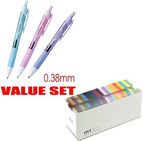 uni-ball Jetstream Extra Fine &amp; Micro Point Click Retractable Roller Ball Pens, Each 1 Pen- Value Set of 3 + MT Washi Masking Tapes, Set of 20, Bright &amp; Cool Colors (MT20P002)