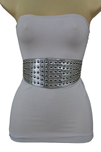 TFJ Women Fashion Metal Studs Belt Hip High Waist Metallic Silver Wide Stretch S M