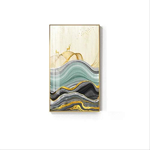 ERTY Abstract Gold Foil Canvas Painting Gold Sun Deer Wall Art For Living Room Blue Green Block Poster 15X26Cm No Frame A