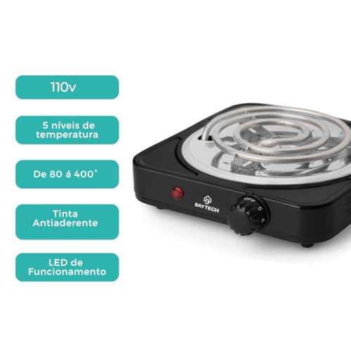Fogareiro Elétrico Espiral 1 Boca 1000W Portátil BAYTECH (Preto, 127V)