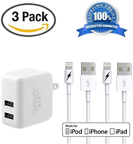 USB Wall Charger - Universal Dual Port 2.1A / 1A for iPhone 7 / SE / 6s / 5 / 5s / Plus, Samsung Galaxy S Series, Note, LG, Nexus, Pixel, Motorola, HTC - Includes 2 Lightning Cables