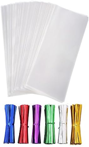 200 Treat Bags with 200 4" Twist Ties 6 Mix Colors - 1.5mils Thickness OPP Gift Clear Plastic Bags (4" x 10")