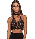 JeVenis Women's Halter Neck Tank Crop Top Sleeveless Lace Vest Embroidered Bustier Top (US M (Asia L), Black)