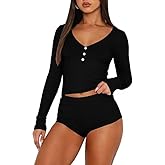LEEDYA Womens 2 Piece Pajama Sets Sexy Y2k V Neck PJ Shorts Long Sleeve Crop Tops Lounge Set Sleepwear with Button Down