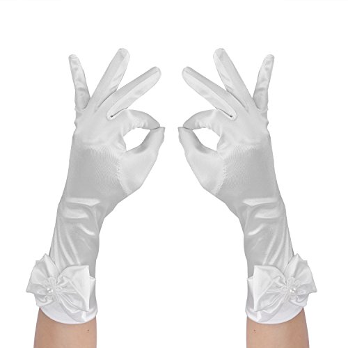 Long Satin Formal Gloves,Kids Size Full Finger with Pearl Bowknot for Girls Children Wedding Dress Evening Party Pageant,Elbow Length 10BL,White
