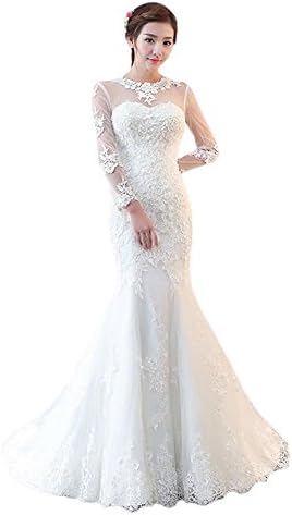Senza Fretta Long Sleeve Mermaid Bride Wedding Dress Lace V-Neck Fishtail Wedding Dress Gown