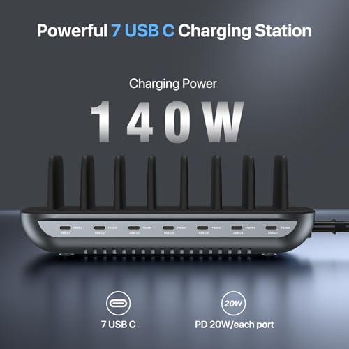 SooPii USB Charging Station, Multiple USB Charger Station for Multible Devices, mixed Cables Included, Charging Organizer for Phones,Tablets, and Other Electronics (140W-7 USB C Black)