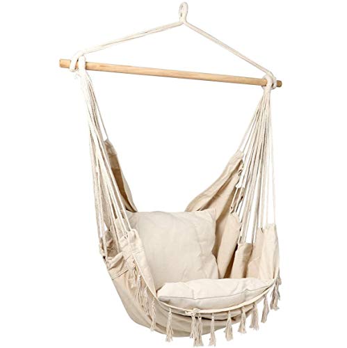 Hängesessel Beige, Hängestuhl, 2 Sitzkissen & Buchtasche inkl. Befestigungsset für Indoor & Outdoor 150kg (Beige), Hänge… – Bild 6