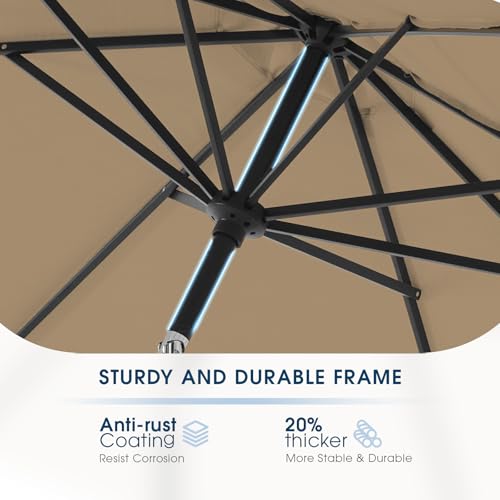 wikiwiki 9FT Patio Umbrella with Base, Outdoor Umbrellas with Base Included, 8 Sturdy Ribs, Waterproof Fade Resistant POLYESTER DTY Canopy for Deck, Lawn, Garden, Backyard & Pool, Tan
