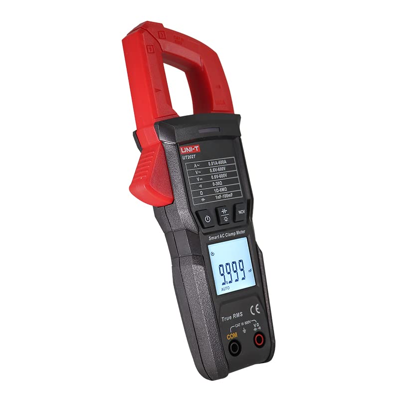 UNI-T UT202T Smart Clamp Meter, True RMS 9999 Counts, Auto AC/DC Voltage & Current Detection, Dual Display V+A, NCV, Capacitance Test, Flashlight, CAT III 600V Safety for Electrical Work