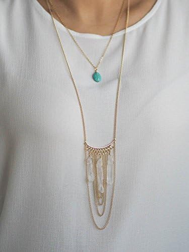 Double Layered Necklace_ Clear White Raw Crystal Quartz With Simulated Turquoise Gold Plated Necklace