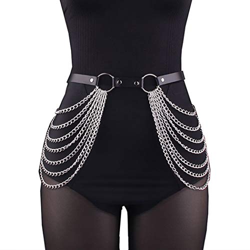 Gothic Leather Body Chain - Punk Waste Chain Mit Metallketten Silber