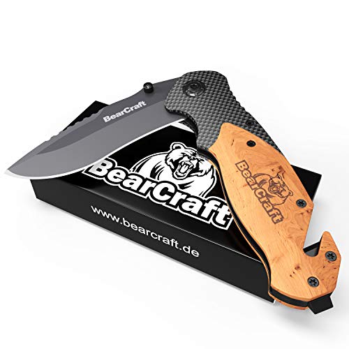 BearCraft Klappmesser in Carbon Design mit **GRATIS eBook** | Outdoor Survival Taschenmesser | Einhand-Rettungsmesser mit Glasbrecher und Gurtschneider – Bild 8