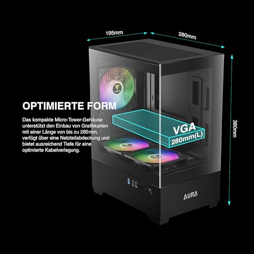 GAMDIAS Micro-ATX Tower Computer Case with Tempered Glass, Gaming M-ATX PC Case with 3X 120mm ARGB Fans, Support Up to 5X Fans Airflow, 240mm AIO/Radiator, 280mm GPU/VGA, 155mm CPU Cooler, 150mm PSU