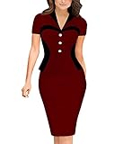 FORTRIC Women Sexy Knee Length V Neck Bodycon Wear to Work Cocktail Pencil Dress Burgundy XL