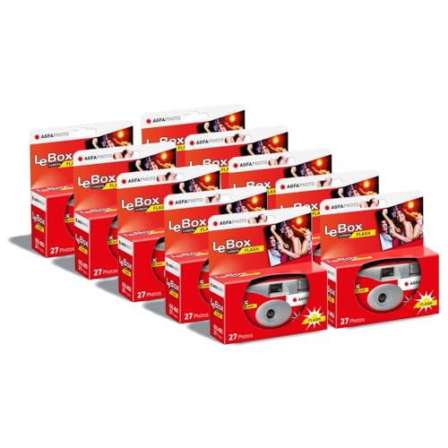 AGFA Photo 601020 LeBox Flash, Einwegkamera, 27 Fotos, optisches Objektiv 31 mm, Grau und Rot, 10er