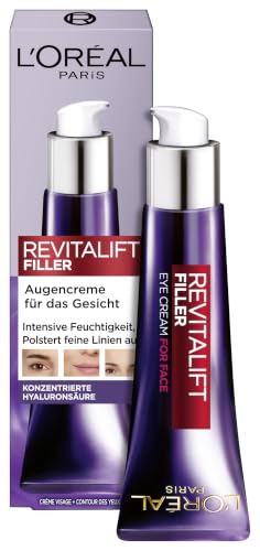 LOreal Paris Revitalift Filler Hyaluronic Acid Anti-Ageing Eye Cream for Face, Anti-Wrinkle and Volume, with Hyaluronic Acid, Vitamin CG & E, 30 ml
