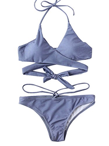 SOLYHUX Women's Halter Wrap Bikini Set Blue M - Thumbnail 4