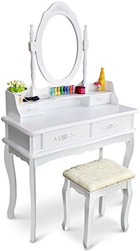 White Dressing Table Wood Desk set with Mirror and Stool