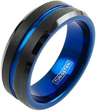 Black Tungsten Ring Thin Blue Line Brushed Band Blue Interior Personalized Engraving (8.5)