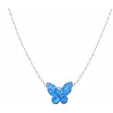 Tiny Blue Opal Butterfly Pendant Necklace with Adjustable Rose Gold Chain, Elegant Sterling Silver Jewelry