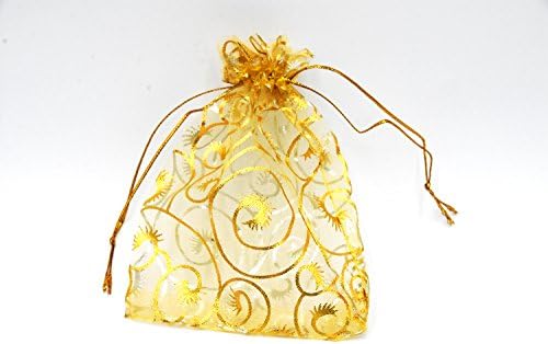 Set of 100，4x6 Inches Sheer Organza Drawstring Pouches with Eyelashes Printing for Festival Wedding Party Favor Candy Wrap Bags by JSSHI(Golden with Eyelash Details)