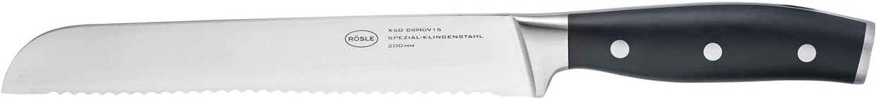 RÖSLE Brotmesser Tradition, Hochwertiges Küchenmesser zum Schneiden von Brot, Brötchen und Baguette, Wellenschliff, Klingenspezialstahl, POM schwarz, Fingerschutz