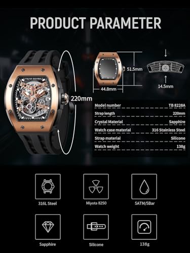 TSAR BOMBA Men's Automatic Watch Skeleton Watch Luxury Barrel Mechanical Watch 50m Waterproof Analog Watch