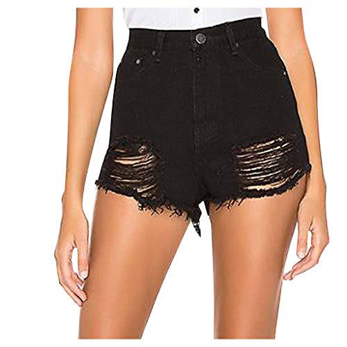 Botrong Fashion Women Casual Skinny Jeans Hole Denim Mid Waist Shorts Pants (Black,XS)