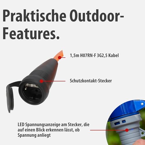 Brennenstuhl Cable reductor Camping con enchufe CEE y acoplador de conexión a tierra (cable de 1,5 m en naranja, H07RN-F 3G2.5, 230V/16A, para uso permanente en exteriores IP44, fabricado en Alemania)