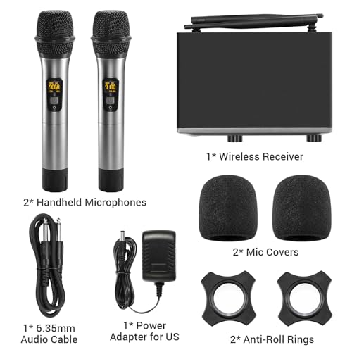 TONOR Wireless Microphone,Metal Dual Professional UHF Cordless Dynamic Mic Handheld Microphone System for Home Karaoke, Meeting, Party, Church, DJ, Wedding, Home KTV Set, 200ft(TW820)
