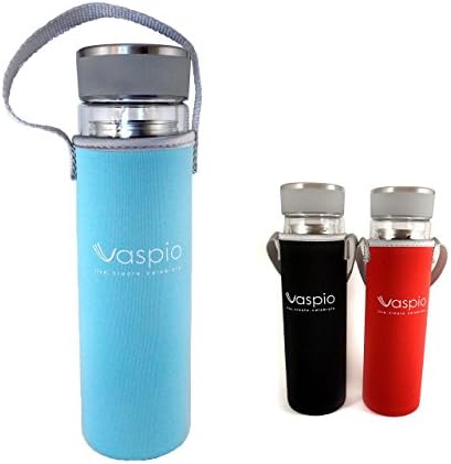 Vaspio Double Wall Borosilicate Glass Water Bottle Stainless Steel Top with Colorful Neoprene Sleeve for Hot or Cold with Removable Stainless Steel Basket Strainer (Light Blue)