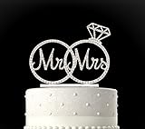 Rubies & Ribbons Mr & Mrs Silver Metal with Rhinestones Two Rings Bling Wedding Cake Topper Party Decoration with Gift Box